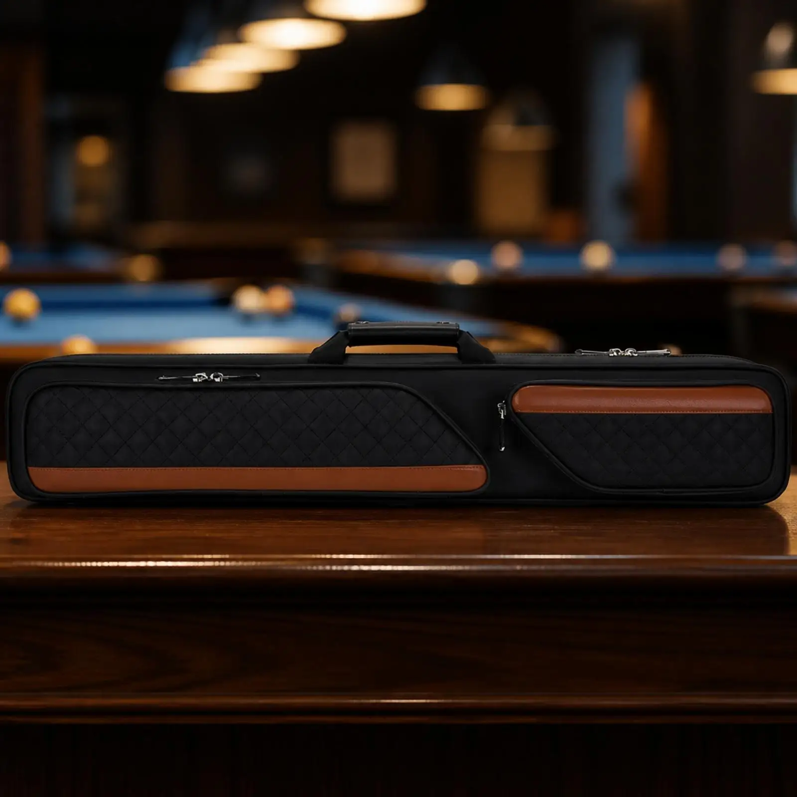 Quilted Billiard Cue Bag Protective Case for 2 Piece Pool Stick Hard Shell Carrier with Handle and Exterior Pocket for