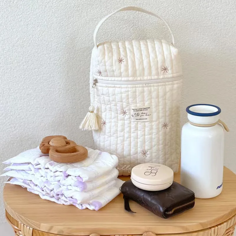 1pc Embroidered Mommy Bags Large Capacity Diaper Storage Bag with Handle Portable  Stroller Nappy Hanging Bag Diaper Organizer