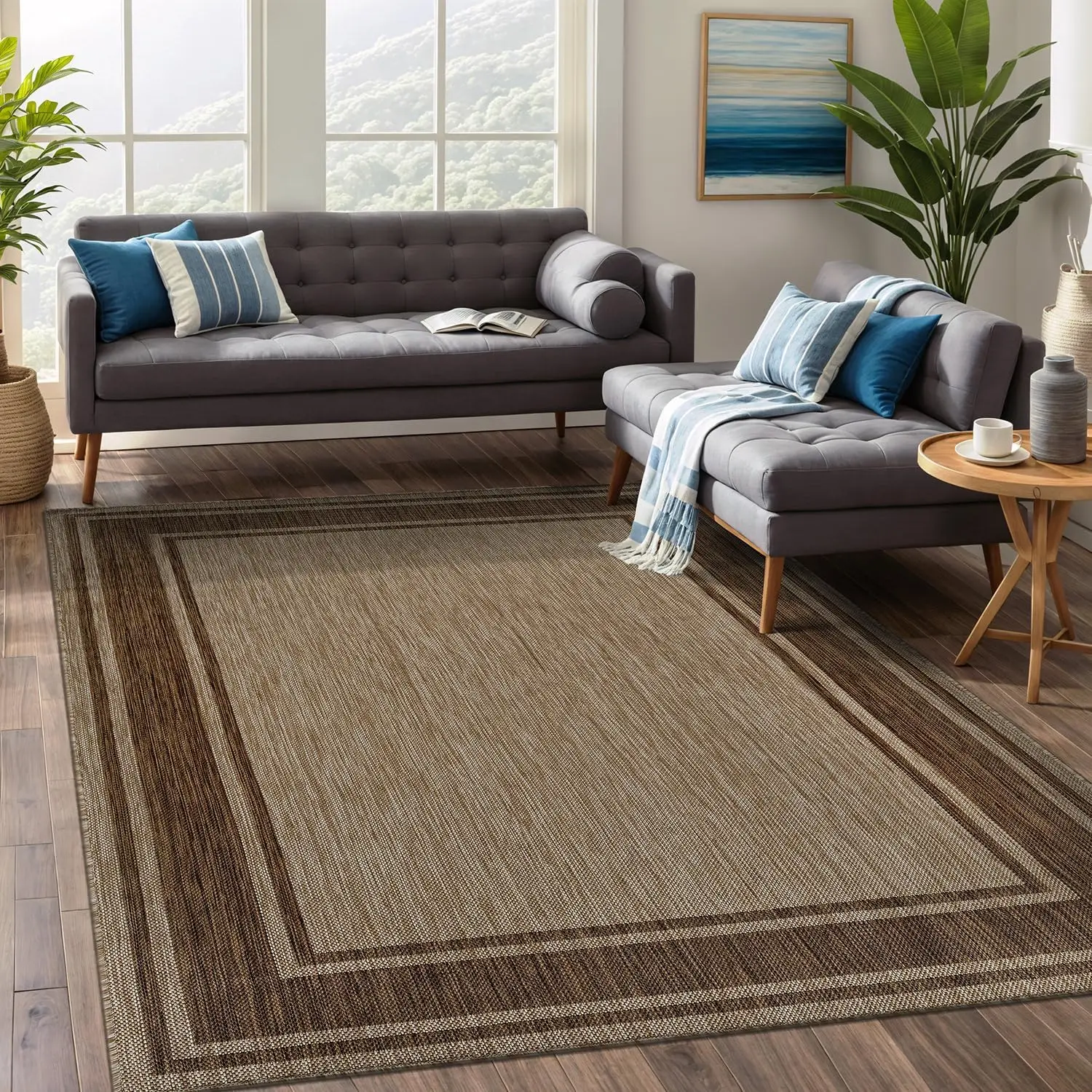 

Outdoor Rug 8x10 Modern Bordered Area Rugs for Indoor and Outdoor Patio Deck Porch Garden Waterproof Weather Sun Resistant Wa