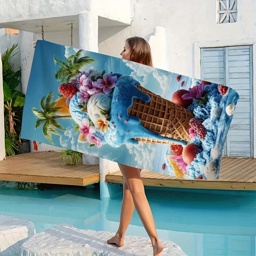 Ice Cream Cone Beach Towel Sweet Treat Print Blue Sky Background Fun Design For Poolside Relaxation Or Sunbathing Session