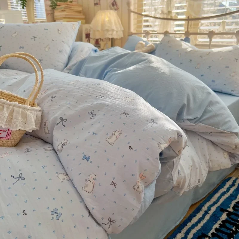 Print washable four-piece set of cloud-sensing yarn thickened quilt cover bedding three-piece set for student dormitories