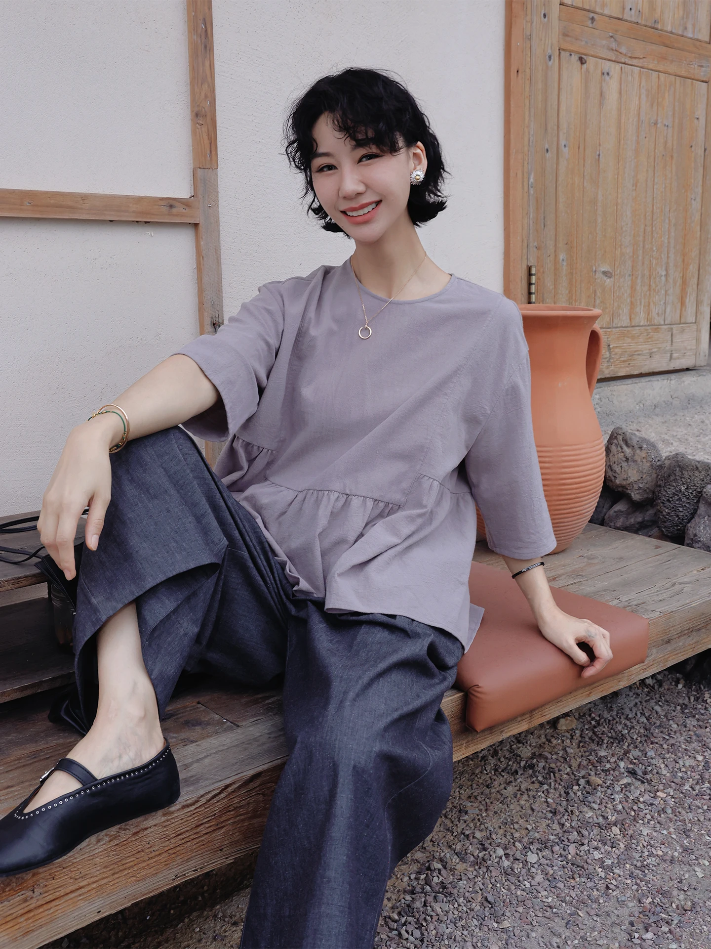 

TT Comfortable Loose Cotton Casual Shirt Spring Breathable round Neck Short Sleeve Women's Fashion Comfort Fit Top