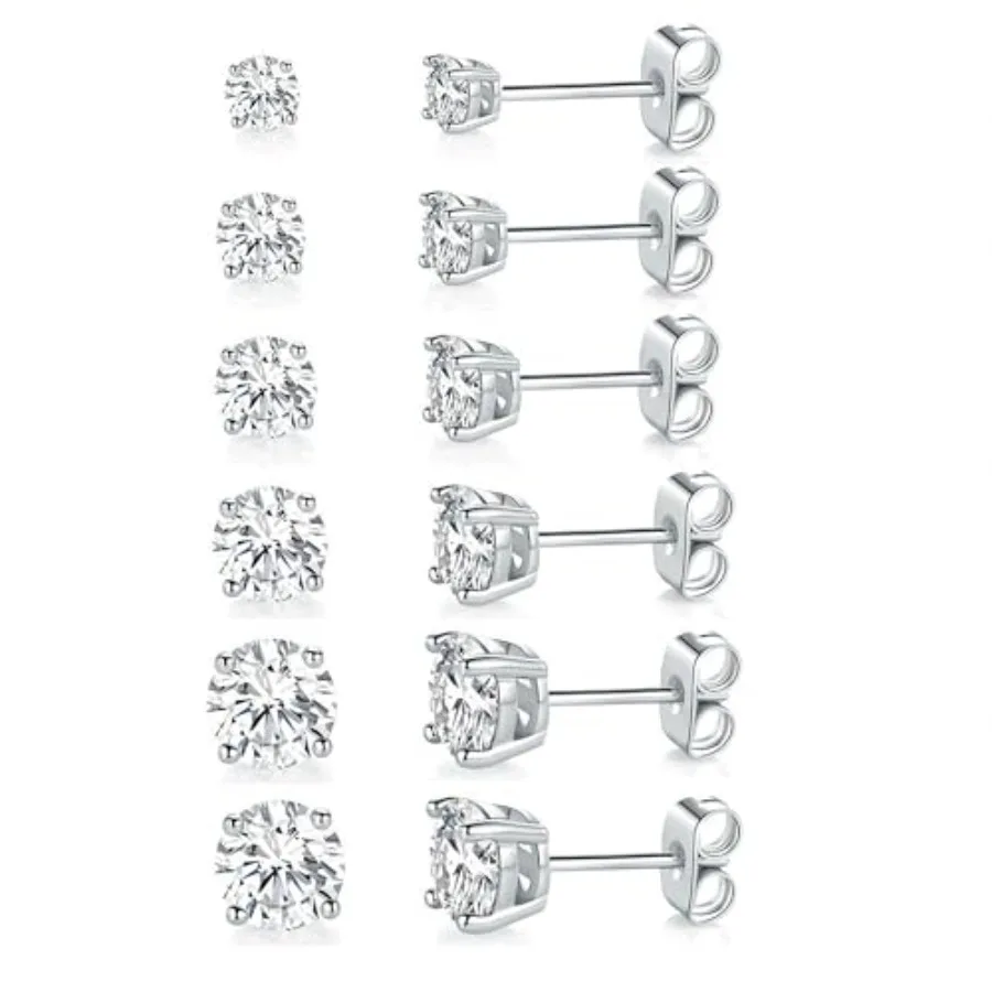 

18K White Gold Plated 4 Pong Round Clear Cubic Zirconia Stud Earring Pack of 6 Pairs 6 Pairs