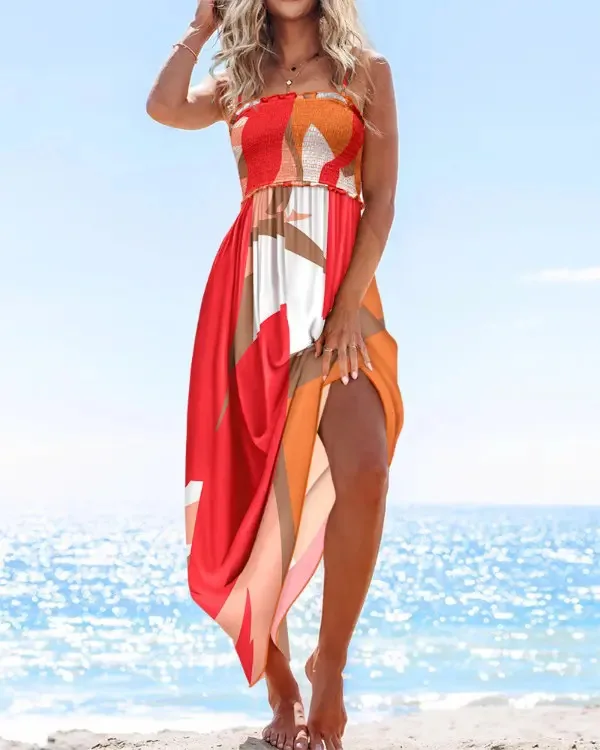 

Summer Boho Long Dress Women Fahsion Sleeveless Print Beach Party Dresses Elegant Casual Holiday Female Dress For Women Robe