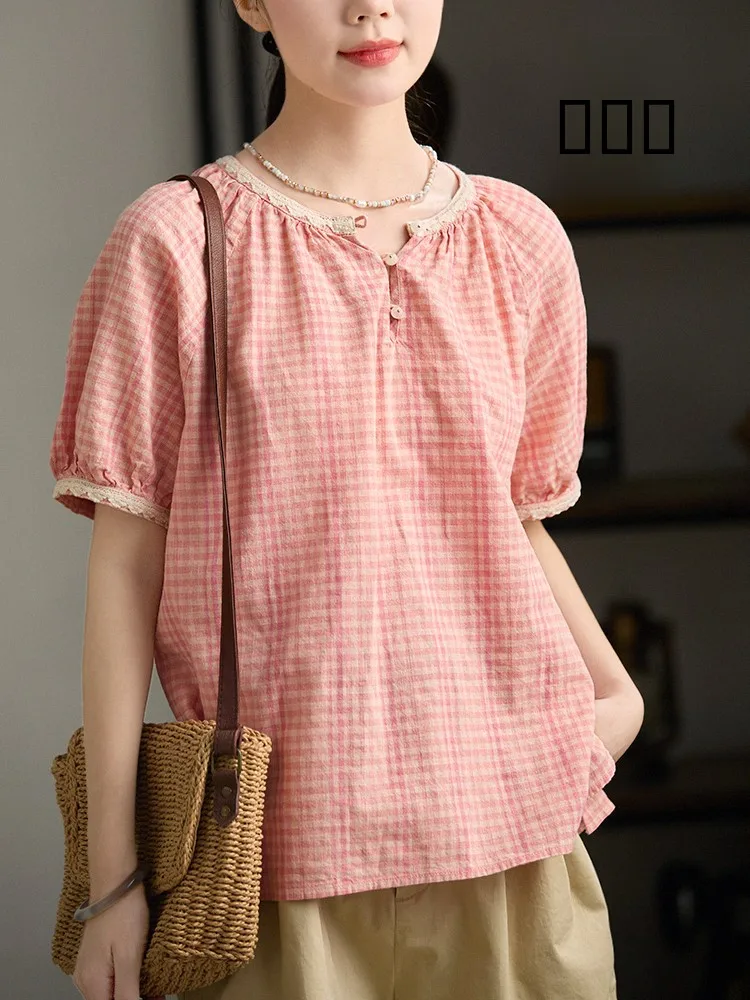 

Gujia Original Artistic Cotton Linen Plaid ort Sve Women's T-irt Lace Collar Youthful Design Breathable Comfortable Sp...