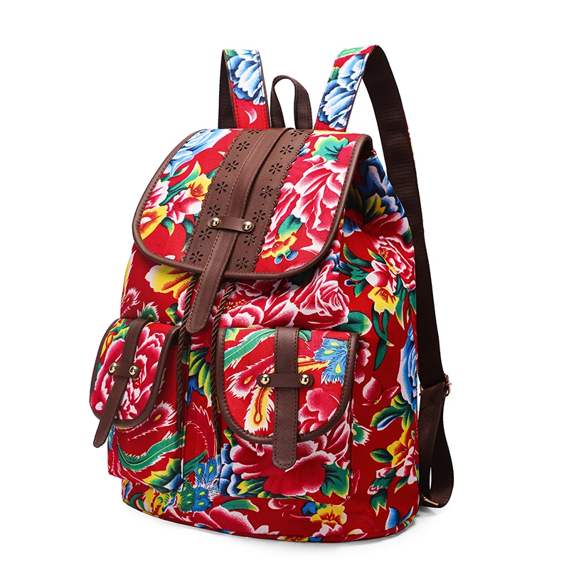 Mochila informal de gran capacidad para mujer, bolso escolar de nailon Floral Vintage, antirrobo de viaje, multifunción