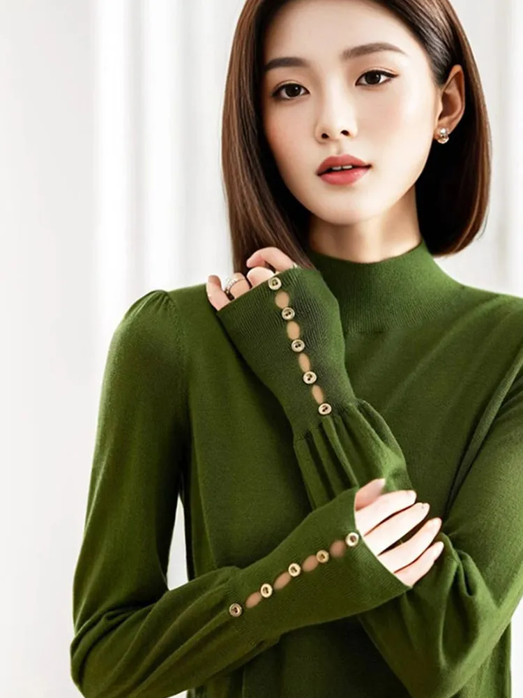 

Длинный трикотаж для похудения, однотонный, с высоким воротником и пуговицами, осенний женский топ, корейский, прямой крой, внутренняя часть...