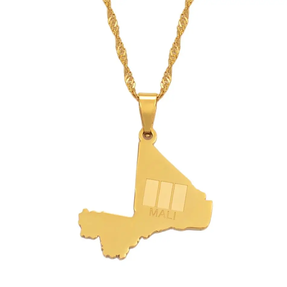 Anniyo Mali Map & Flag Pendant Necklaces for Women Girls Gold Color Ethnic Jewelry Stainless Steel Republique du Mali #112321