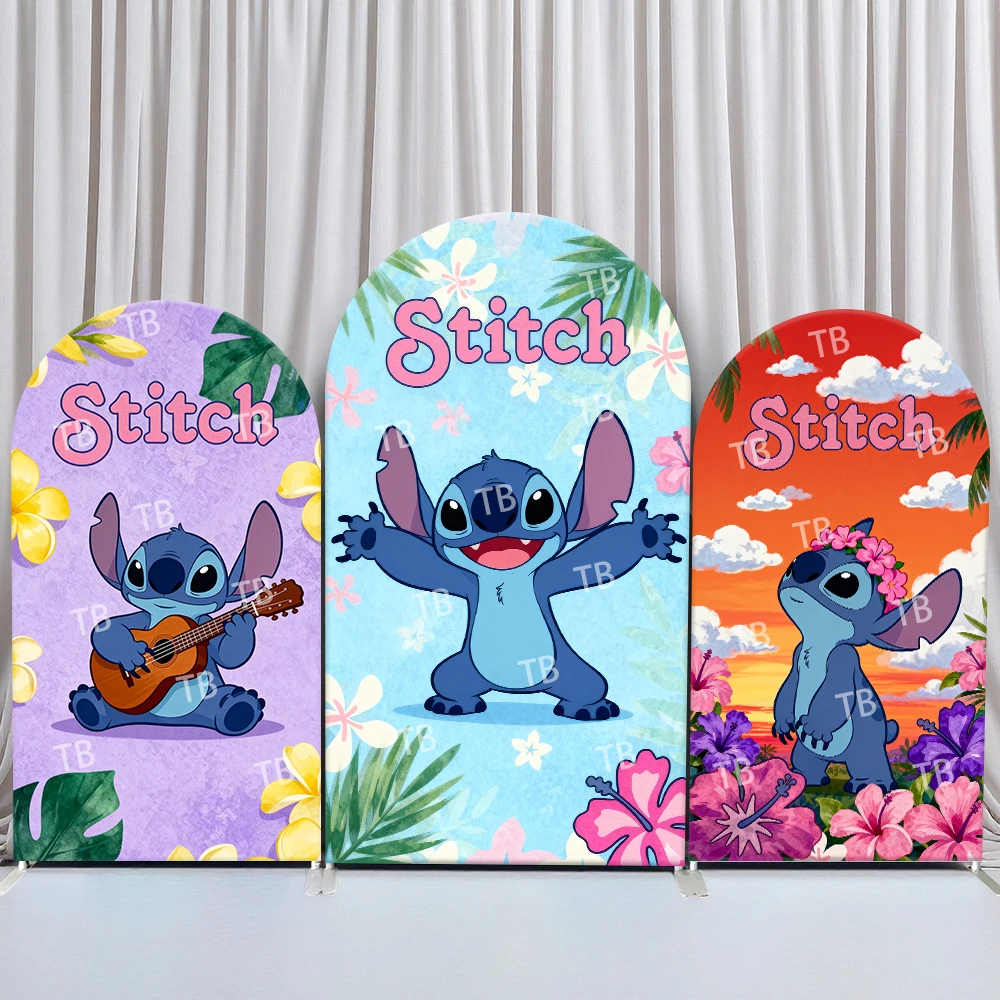 

Disney Stitch Arch Backdrop Cover Guitar Hawaiian Flower Tropical Plants Vibrant Cartoon for Party Photo Booth Decor Props