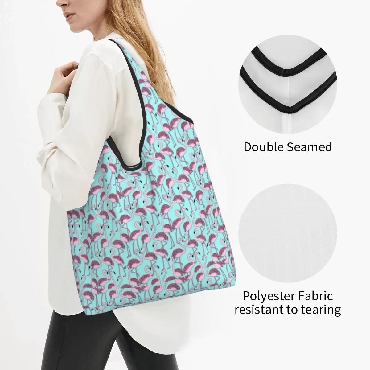 Kawaii Printed Pink Flamingo Paradise Shopping Tote Bag Portable Shoulder Shopper Handbag