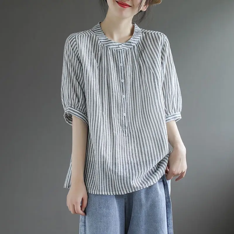 Fashion O-Neck Button Loose Folds Casual Striped Blouses Women\'s Clothing 2024 Summer New Oversized All-match Tops Korean Shirts