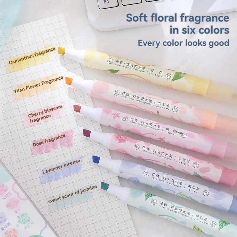 6pc/set Double Head Pastel Color Fragrance Highlighter Kawaii Stationery Color Marker School Supplies Marker Japanese Stationery