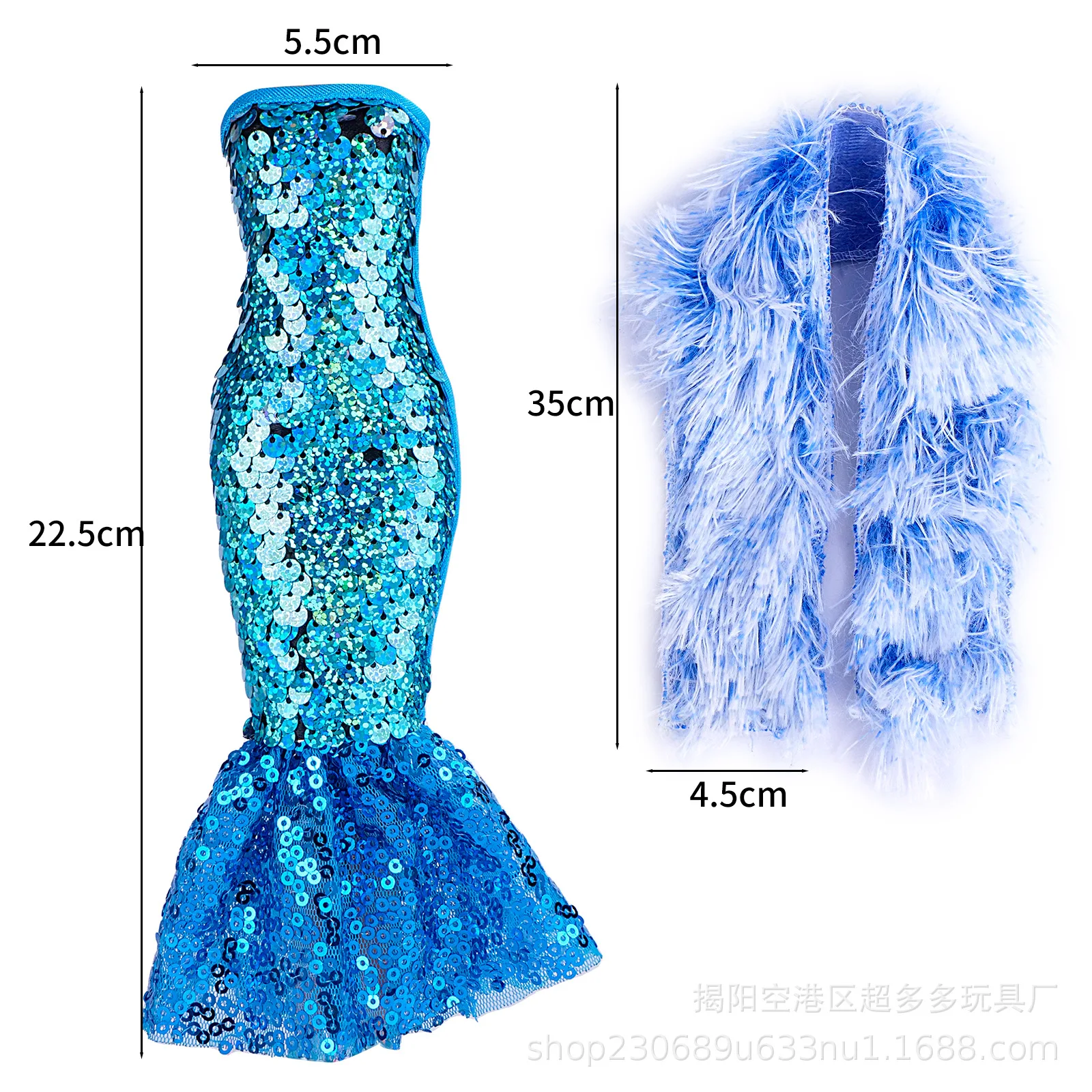 30cm Doll Clothes for Barbie Plush Coat Mermaid Sequined Beaded Fishtail Evening Dress Party Dress Doll Accessories Kids Toys JJ view 4