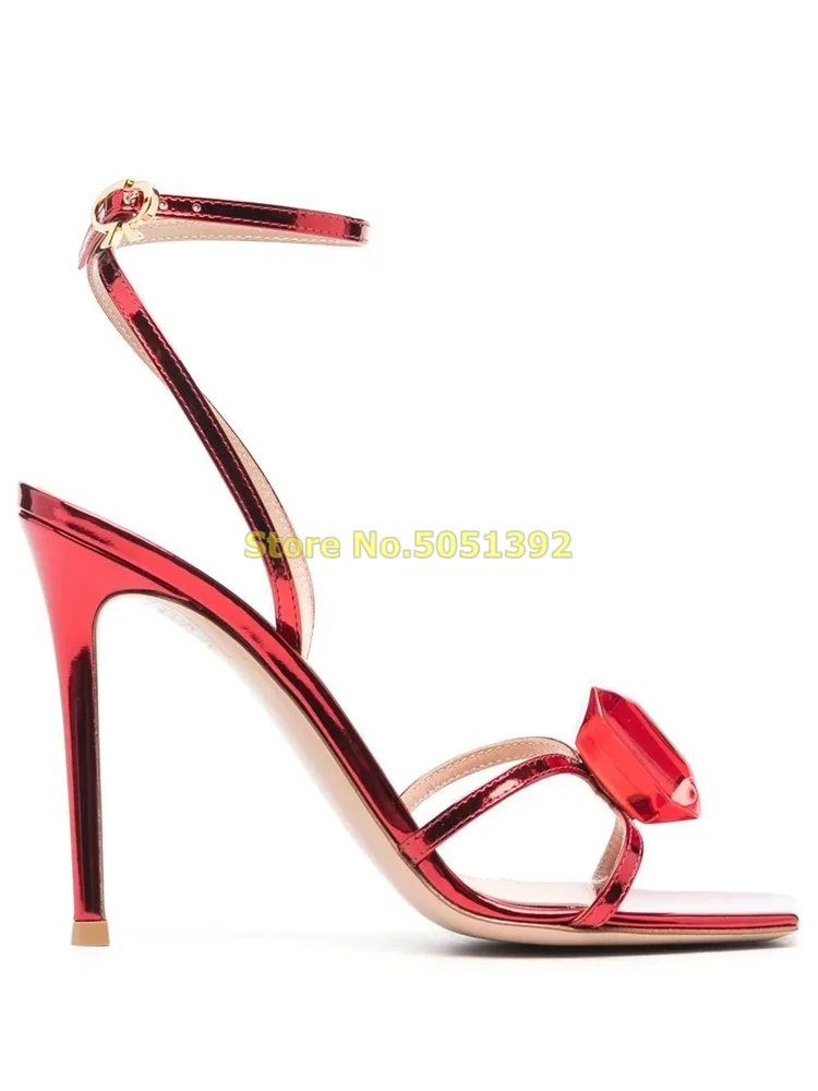 Red White Jewel Decor Sandals Ankle Buckle Strap Stiletto Thin High Heel Open Toe Fashion 2024 Summer Dress Shoes Thin High Heel