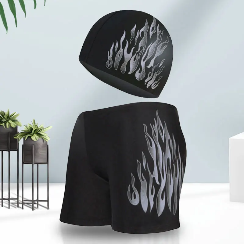 

Swimming Trunks Men Flat-angle Large-size Swimming Men's Fashion Flame Hot Spring Trunks Swimming Cap Set Professional Equipment