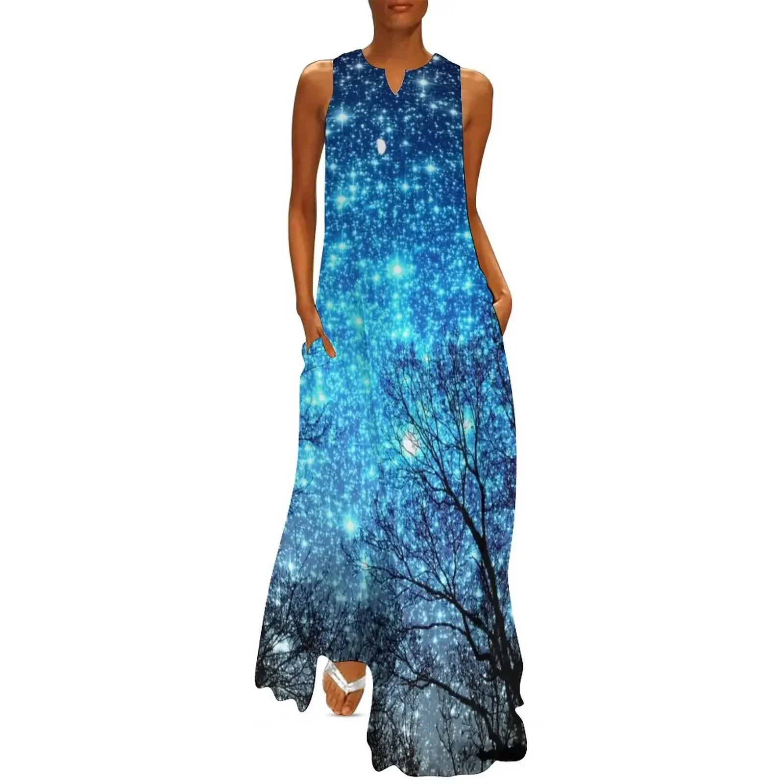 

Black Trees Sparkle Blue Space Long Dress Woman dresses Party dresses Summer skirt Dress