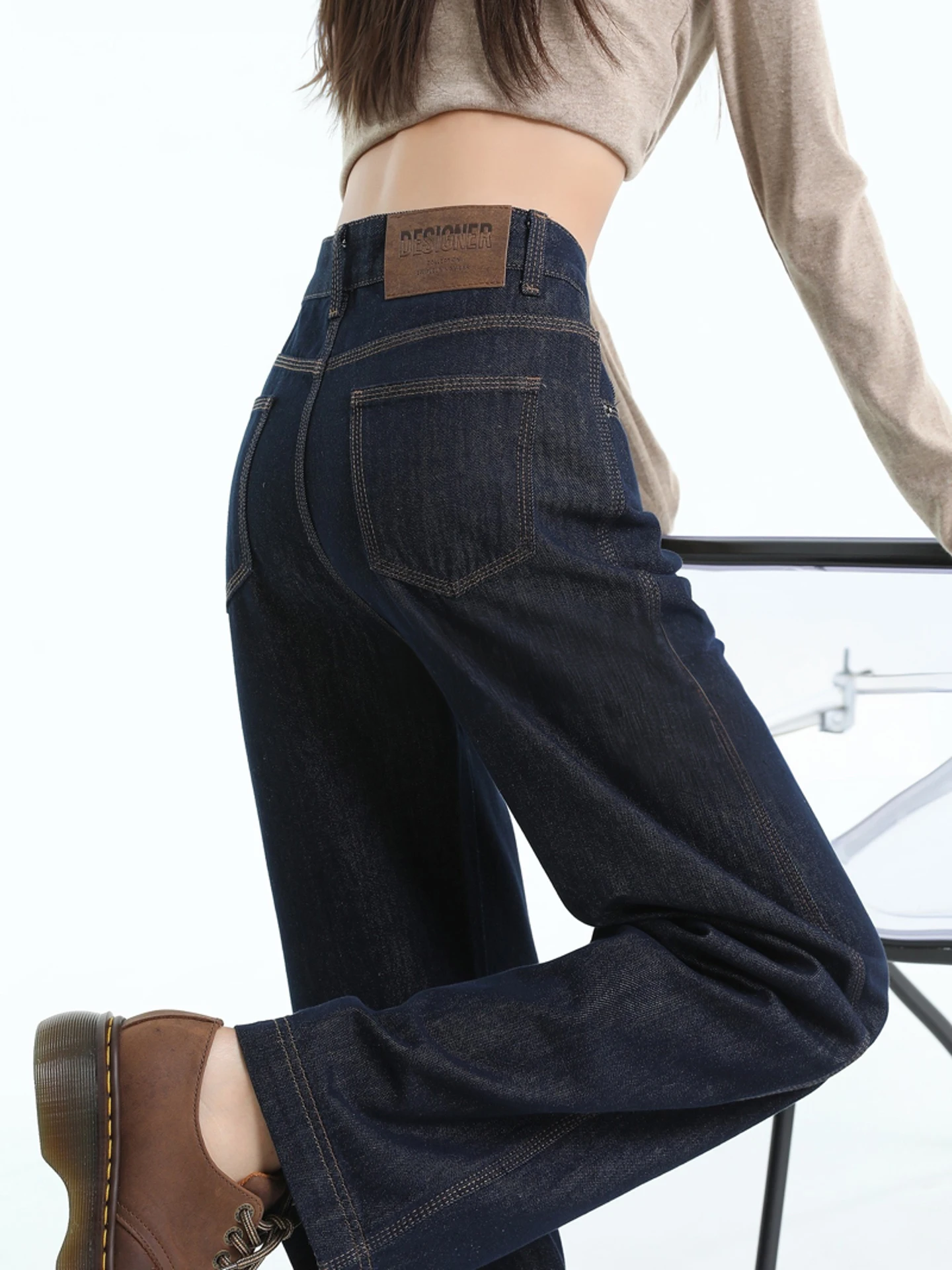 

Темно-синие узкие прямые джинсы в стиле ретро, женские широкие брюки больших размеров с высокой талией, удобные свободные брюки, осенняя мода