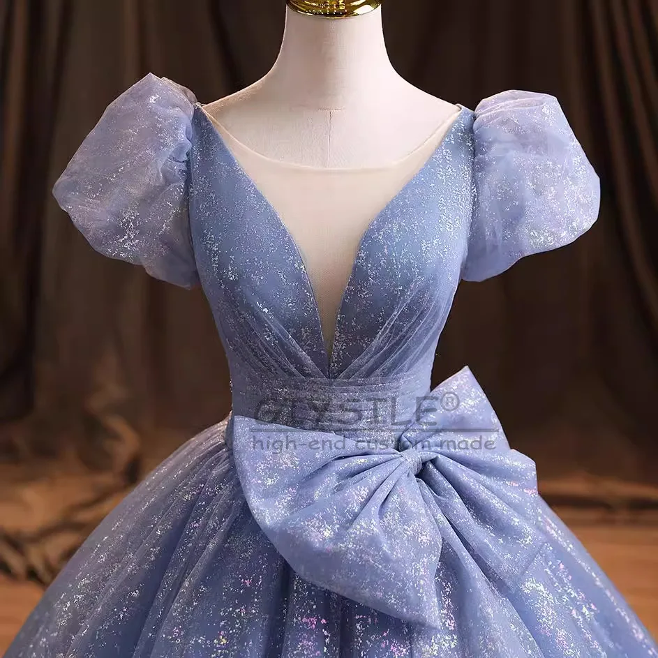 GIYSILE カスタムメイド 宴会用イブニングドレス 2025年新作 リボン付きVネック 春 ブルー 気質 エレガント プリンセス ふわふわスカート バブルスリーブ