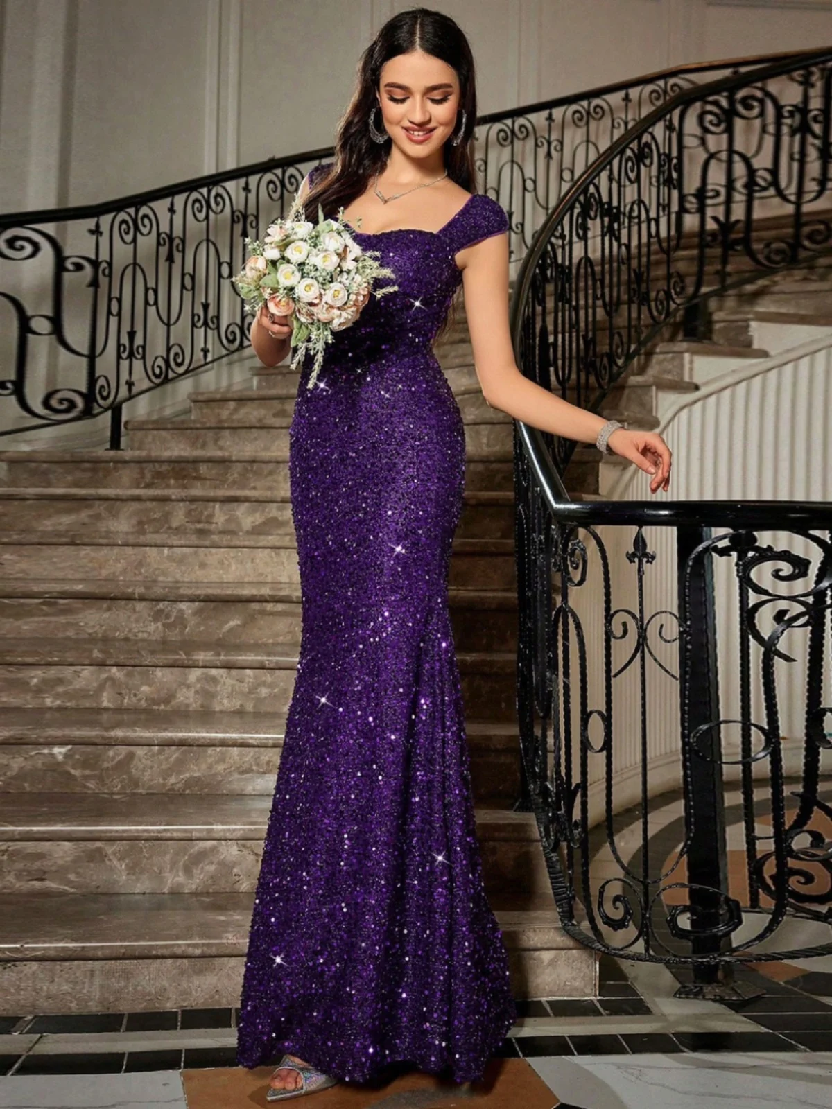 Ele Reine Farbe Pailletten Träger Abendkleid Hohe Taille Lange Fi Schwanz Dr Bühne Geburtstag Par frauen Formale Dr