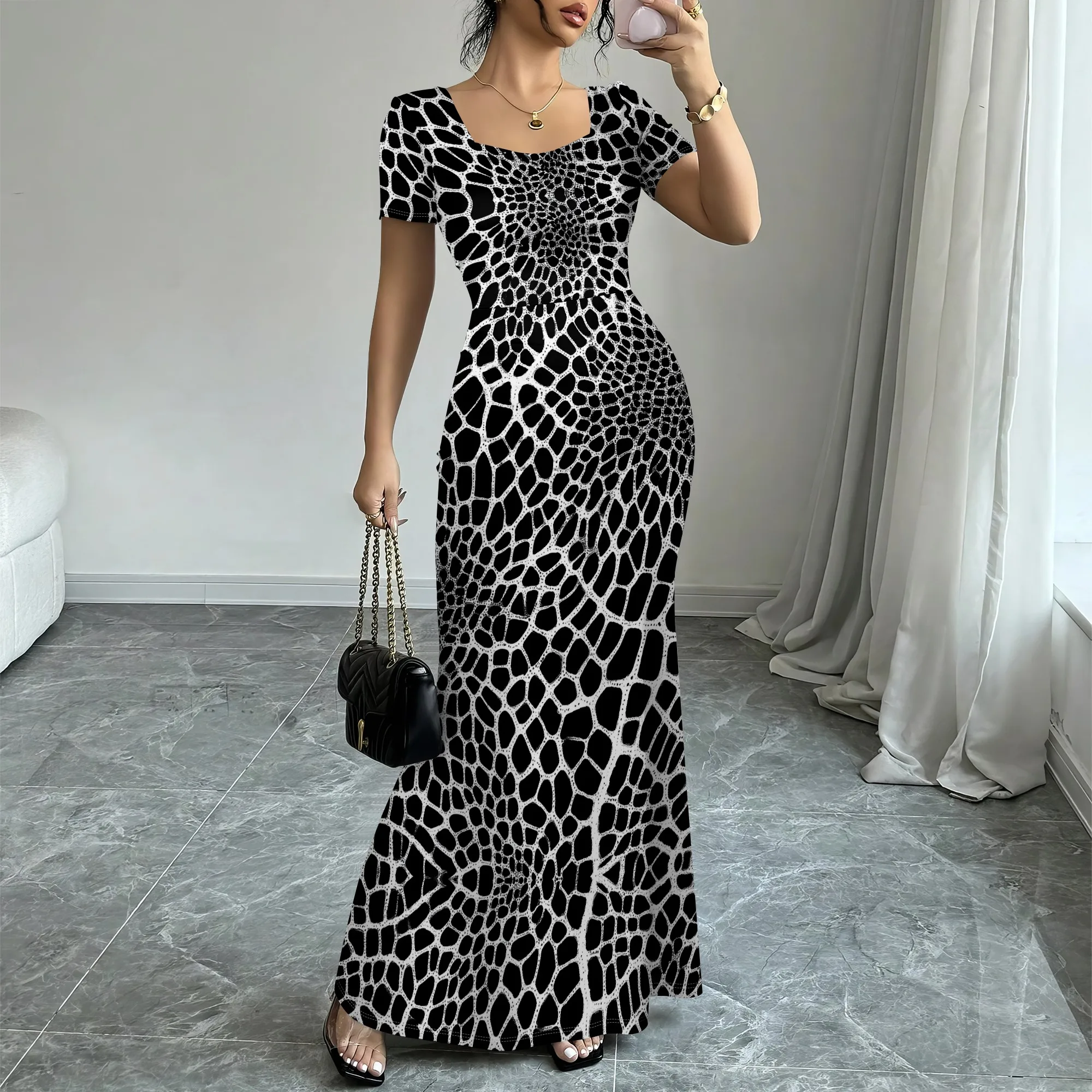 

Black & White Floral Maxi Dress XS-3XL – Elegant Square Neck & Short Sleeves – Perfect for Summer, Casual Events & Night Out