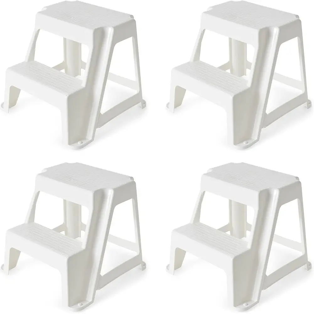 Portable 16-Inch Dual-Step Plastic Stool Set, Ideal for Kitchen, Bathroom, Bedroom, and Garage (4-Pack), White