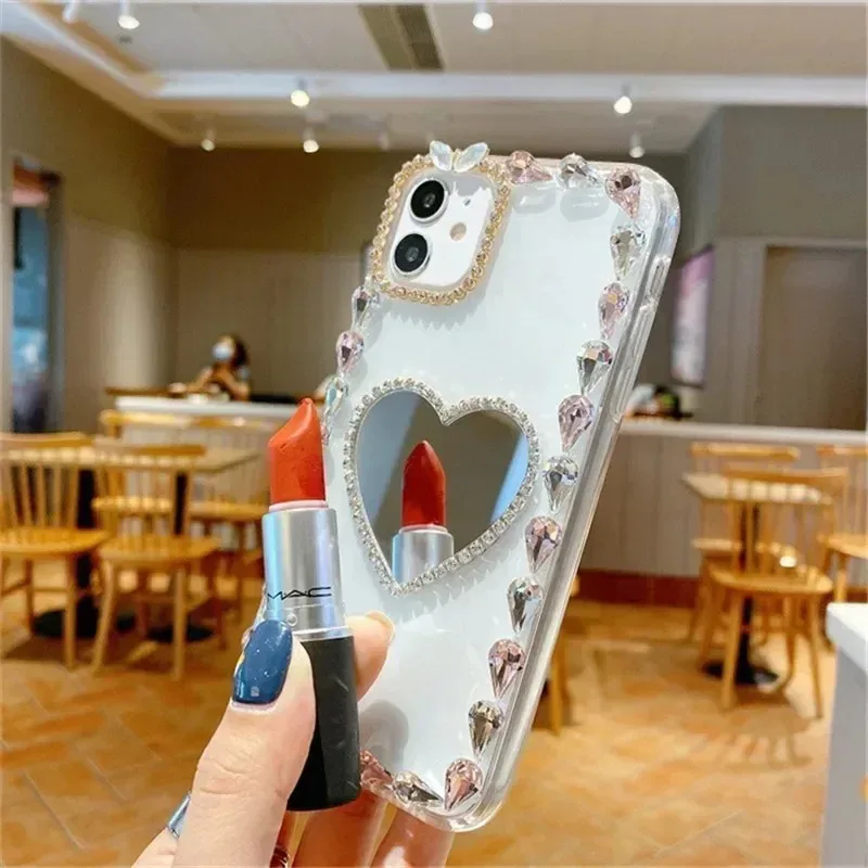 Love Heart Handmade Bling Diamond Case, Cover for Huawei P50, P60 Pro, Mate 50, 60, Honor 80, 90, 100, Luxury, Sparkling