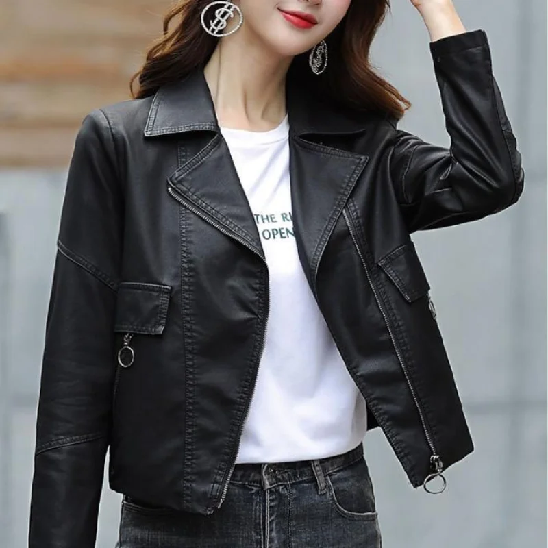 Leather coat women\'s short spring and autumn waistband closing 2024 new short man small fragrant leather jacket top closing