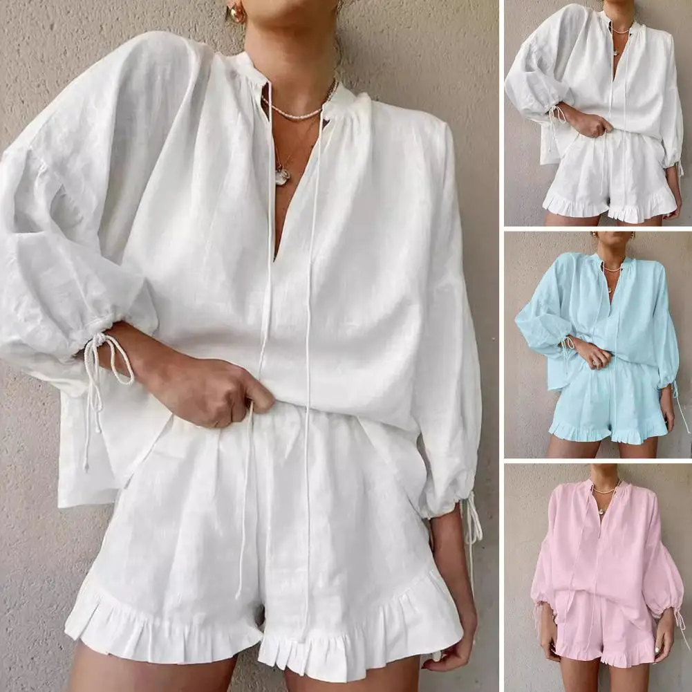 White Women\'s Summer Suit with Shorts Cotton Loose Shirt Casual Two Piece Set Women Long Sleeve Top Muslin Suit for Women