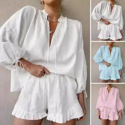 White Women's Summer Suit with Shorts Cotton Loose Shirt Casual Two Piece Set Women Long Sleeve Top Muslin Suit for Women