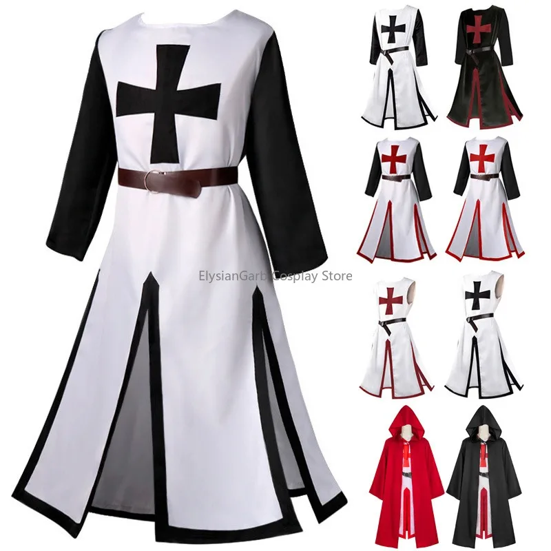 

Medieval Cosplay Costume Tunic for Men Slit Side with Cross Motif Knights Templar Cos Outfits Halloween Stage Performance Cloth
