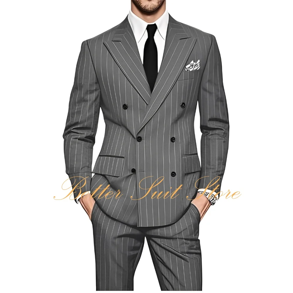 Pinstripe Suit for Men 2 Piece Slim Fit Double Breasted Suits Blazer Pant Wedding Formal Tuxedo Men's Suit