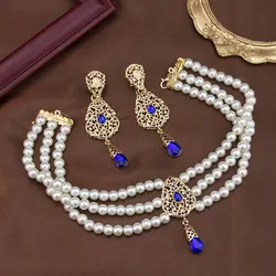 Sunspicems Chic Morocco Jewelry Bridal Earring Eardrop Earbob Set Bead Pearl Choker Necklace Gold Color Arabic Neck Chain Bijoux