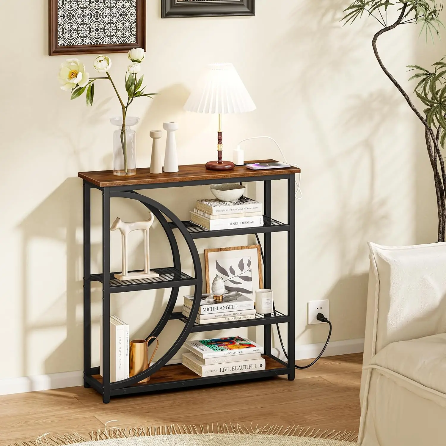 طاولة كونسول مع قاعدة شحن، طاولة أريكة صناعية ضيقة مع أرفف تخزين من 5 طبقات