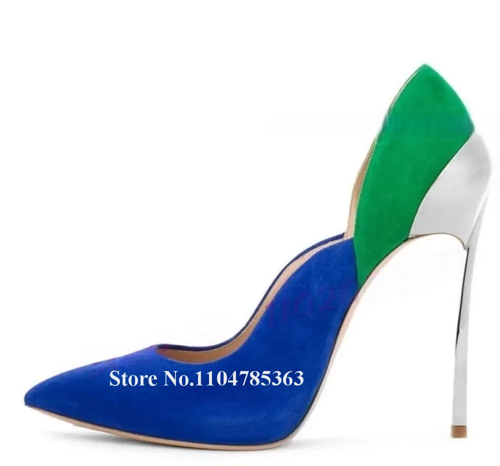 الساحرة فريدة من نوعها المعادن خنجر كعب مضخات مثير أشار تو الوردي الأزرق الرمادي المرقعة الانزلاق على كعب رقيقة الكعوب الطرف حجم كبير