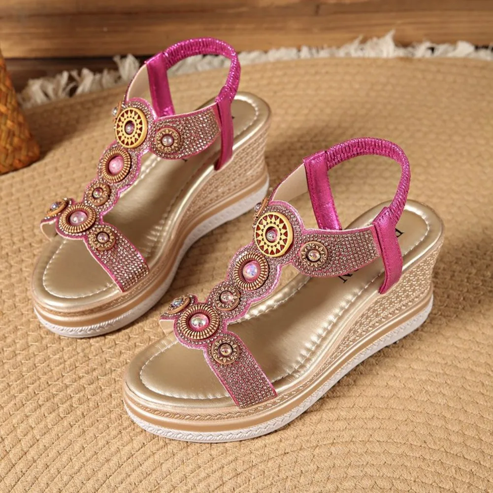 

Fashion Crystals Wedges Heel Sandals Women Summer Chunky Platform Bohemian Sandalias Mujer Slip On High Heels Sandles Female 43