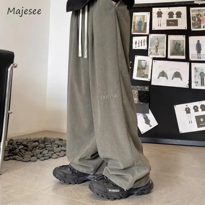 

Pants Men Casual Korean Style Loose Wide Leg Trousers Handsome Drawstring Simple Solid Streetwear Vintage All-match Sporty Cozy