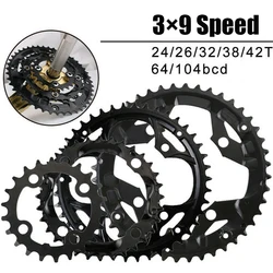 Mountain Bike Chainring, 3x9 Speed Bicycle Chainring, 104, 64BCD, 22T, 32T, 44T, 27S, peça de MTB Crankset