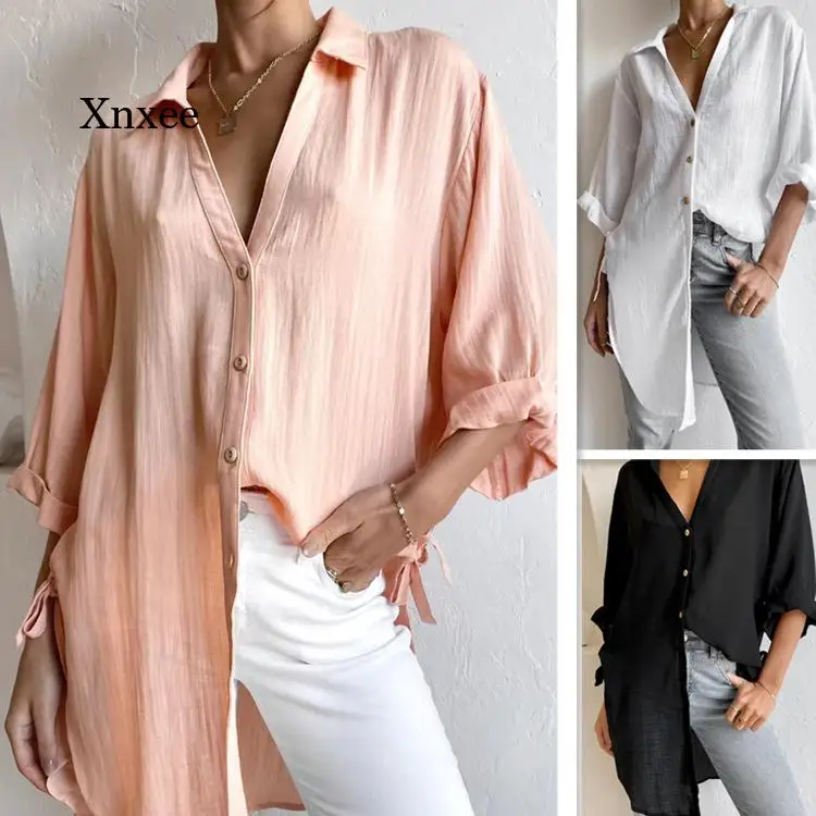 

Summer Blouse Women Cotton Linen Shirt Ladies Casual Lapel Mid-Length Shirts Female Oversize Elegant Tops Women Buttons Blusas