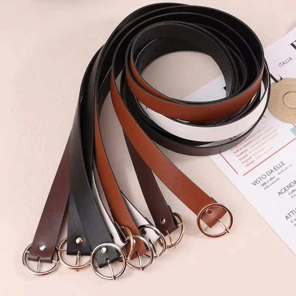 100CM PU Leather Round Button Belt Waistband Metal Buckle Solid Color Vintage Round Button Belt For Women Fashion Accesories