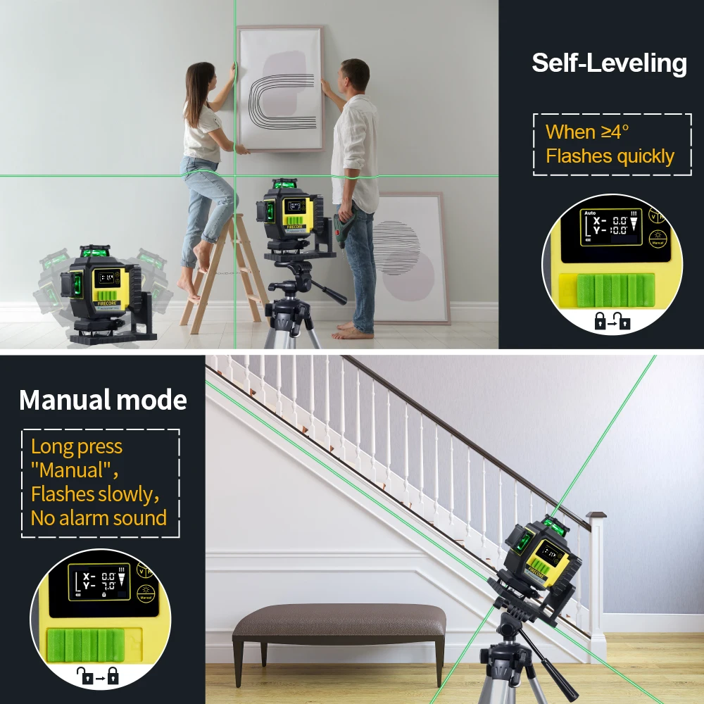 FIRECORE F95T-4G 16 lines 4D Green Laser Level 360 6600mAh Li-ion Battery Self-Leveling,X/Y axis angle display,Remote Control