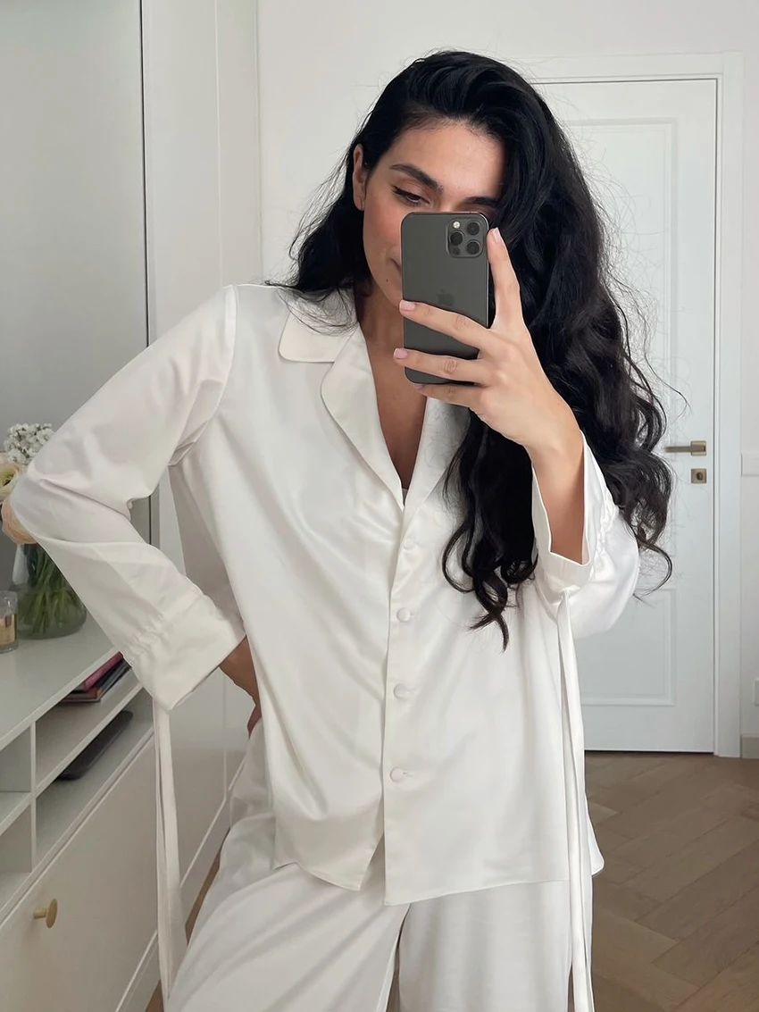 Marthaqiqi Casual Women Pajama 2 Piece Set Sexy Turn-Down Collar Sleepwear Long Sleeve Nightgown Pants Loose Home Clothes Ladies