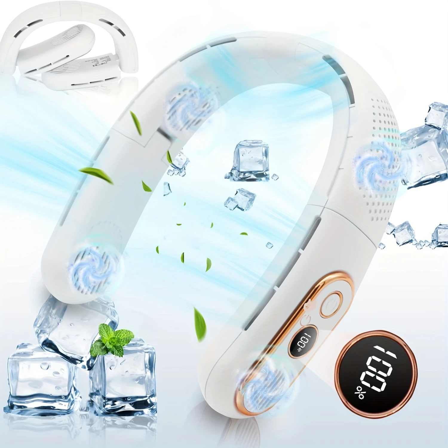 مروحة الرقبة، 4 مروحة محمولة قابلة للطي، مروحة رقبة خالية من الشفرة بقدرة 6000 مللي أمبير في الساعة قابلة لإعادة الشحن، شاشة LED، 3 سرعات قابلة للتعديل، ° التبريد أ