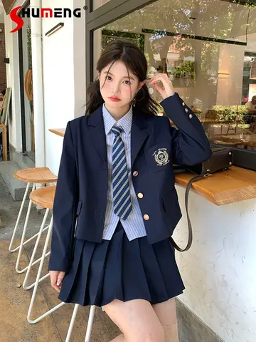 Japanese Preppy Style JK Uniform Embroidery Pocket Single-breasted Blazer High Waist A-line Pleated Mini Skirt 2 Piece Set Women