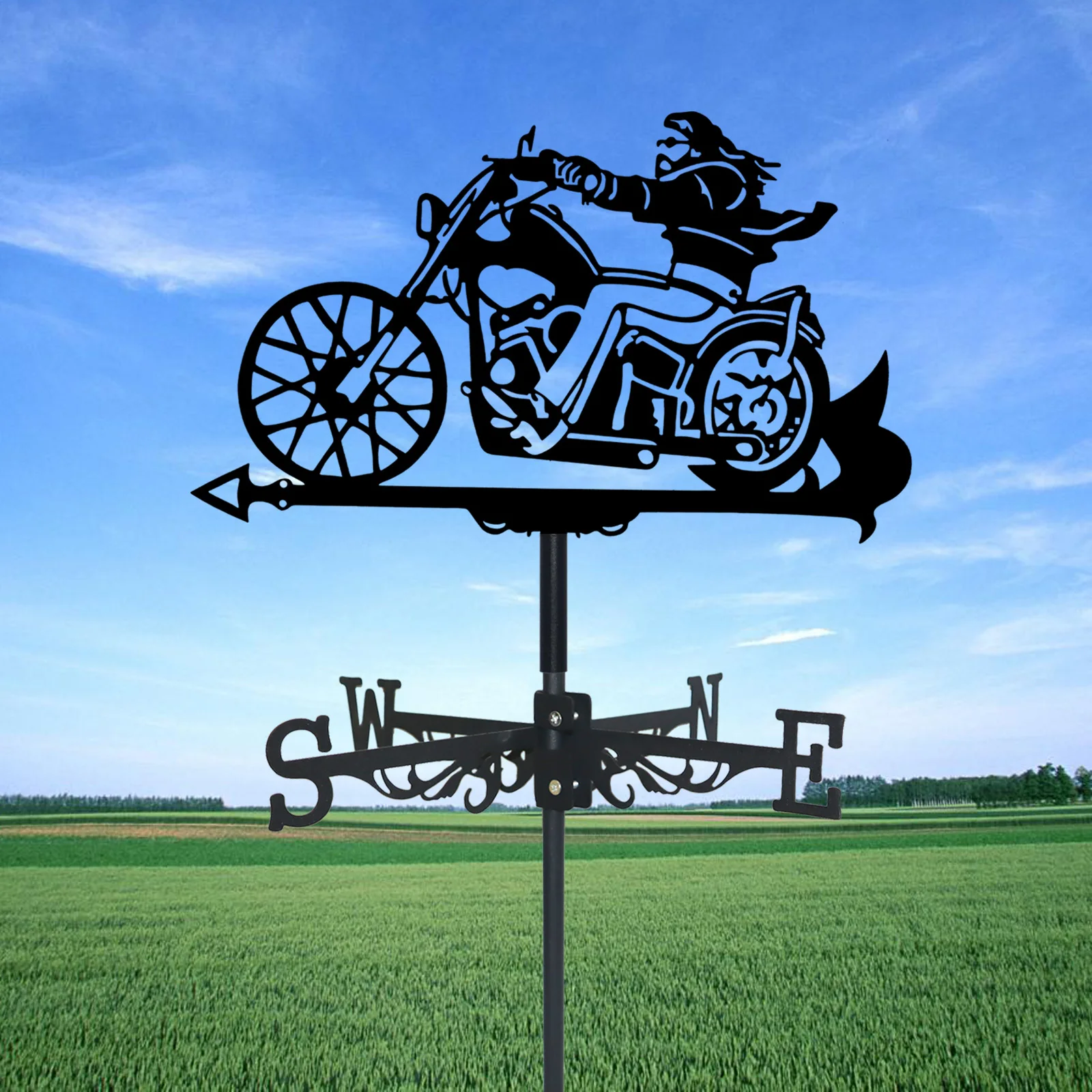 Motorcycle Weathervane Silhouette Art Black Metal Motorcyclist Wind Vane Outdoors Decorations Garden For Roof Yard Building 