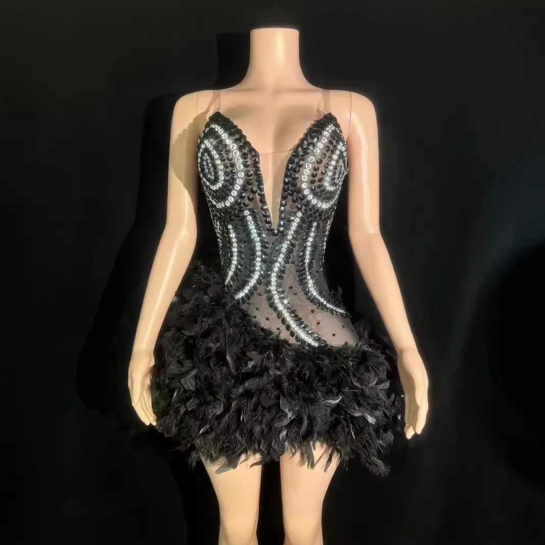 Women Sexy Backless Mesh Crystal Diamonds Feathers Performance Costume Stage Dancer Mini Stretchy Night Club Party Dress