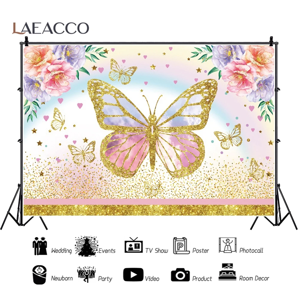 Laeacco Dreamy Butterfly Child Birthday Party Photographic Backdrops Baby Shower Pink Flowers Decoration Background Photo Studio