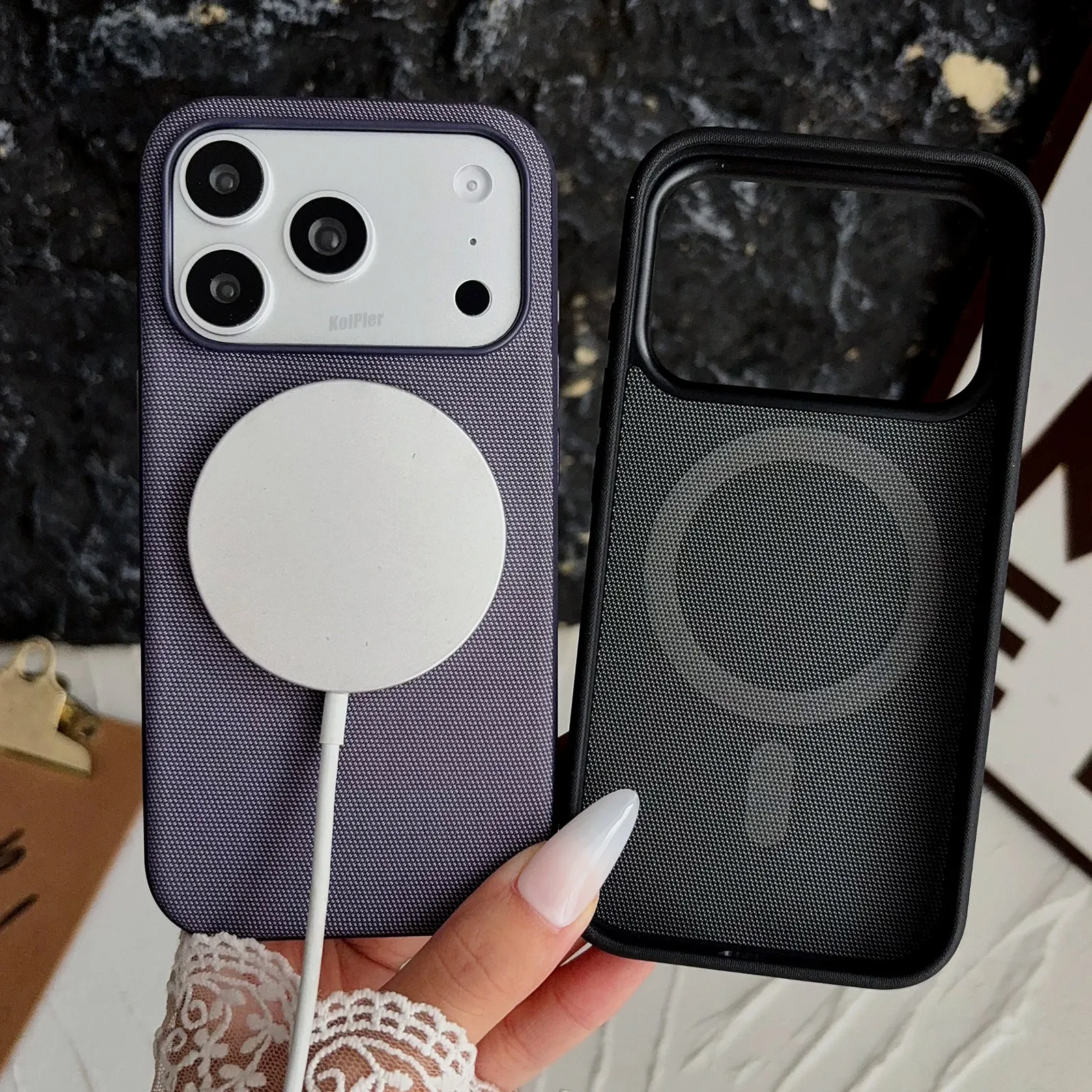Textile Cloth Case For iPhone 17 Pro Max Magnetic Ring Wireless Charging Independent Metal Button Shockproof Protective Cover