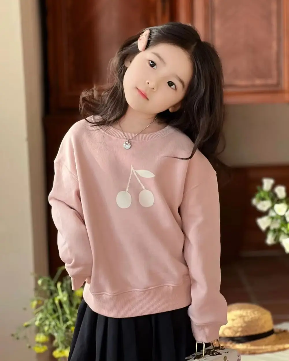 Autumn winter baby girls clothes cherry pattern Sweet pink sweatshirt kids tops casual girls sweatshirt