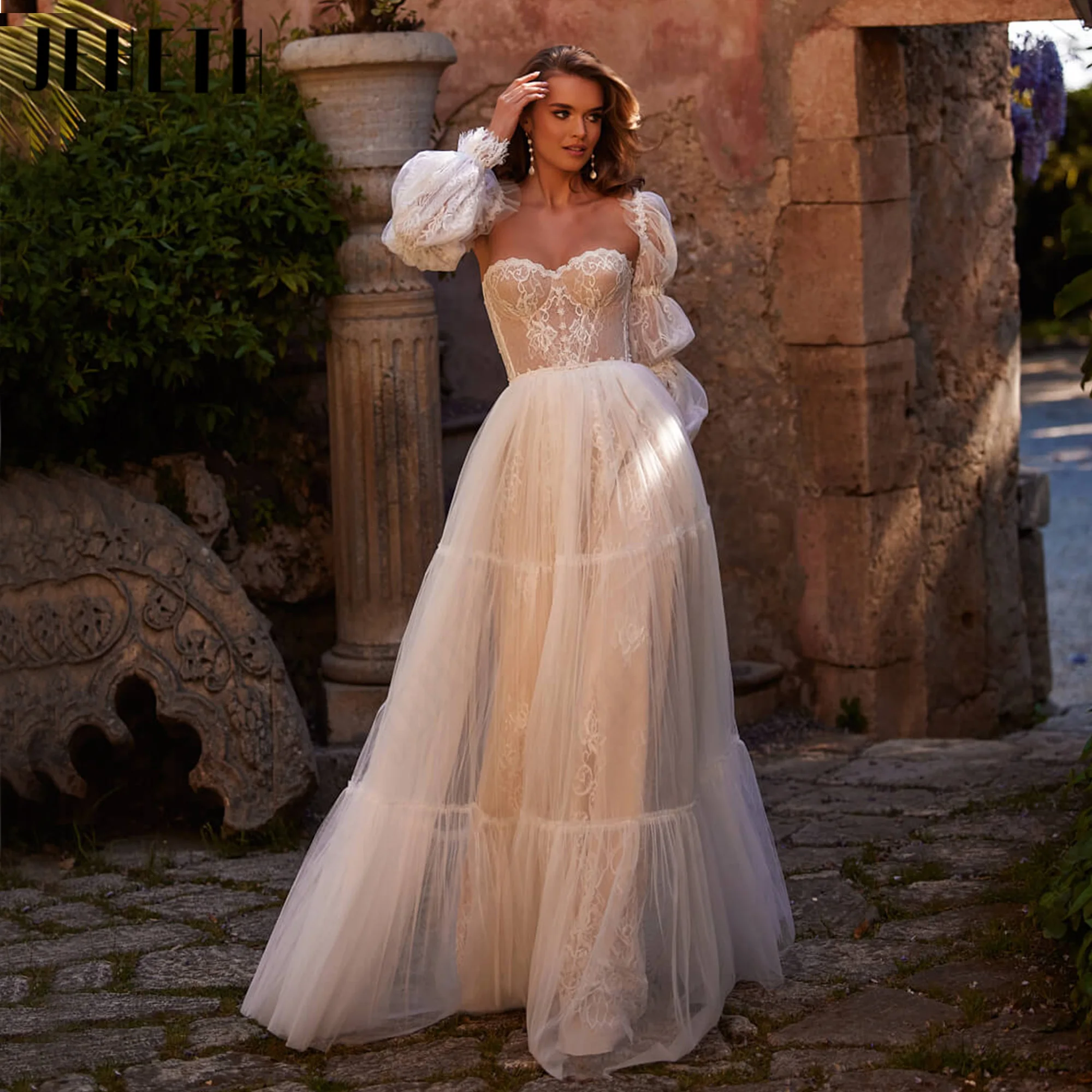 JEHETH A-Line Detachable Puff Sleeve Wedding Dress Customized Lace Appliques Tulle Bridal Dresses Sweetheart Bride Gowns