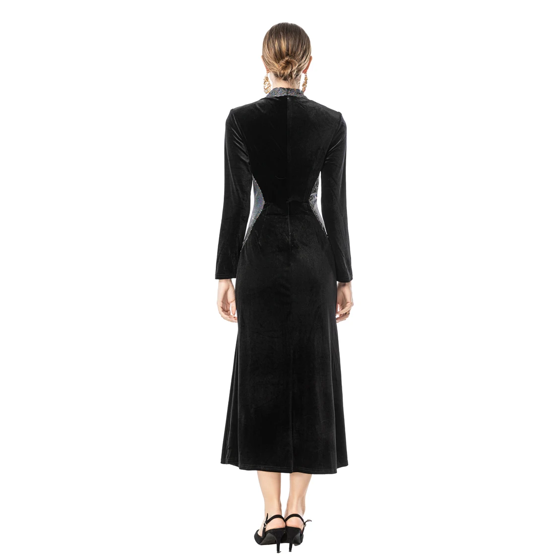 Zwart fluwelen maxi-jurk met lange mouwen voor dames, jurk met hoge hals, rand met kristallen kralen en uitsnijdingen aan de zijkant, elegante avondjurk